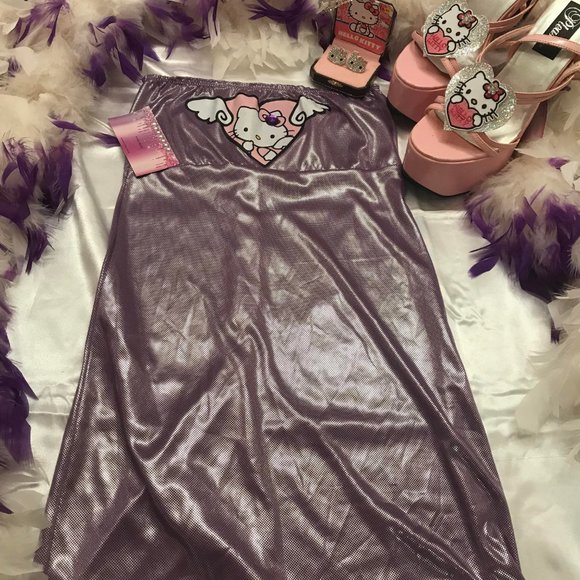 🍭vinatge y2k custom hello kitty dress with feathered trim and crystal earings ! - Picture 10 of 11
